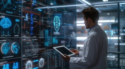 A scientist analyzes data on futuristic interactive screens displaying brain scans and health diagnostics in a high-tech research facility.
