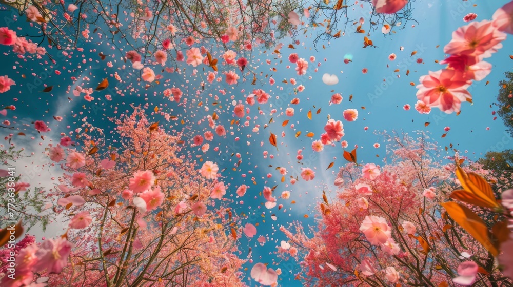 Poster a mesmerizing sight unfolds as flower petals burst into the sky creating a colorful and enchanting s