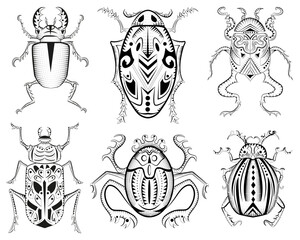 Design vector set with mystic decorated bugs isolated on white, hand drawn line art 