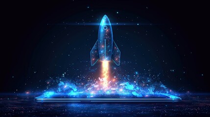 Abstract image. Launching a rocket into space. on the tablet screen Glowing connected dot and line model Ideas for promotion and rapid growth of business Illustration of a low poly wireframe. - obrazy, fototapety, plakaty