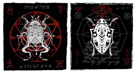 Design vector set with decorated bugs against mystic and gothic background with esoteric symbols, no foreign language, only fantasy signs. 
