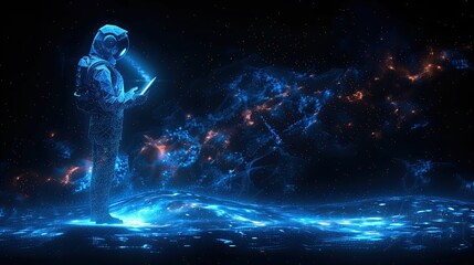 Abstract image of astronaut holding a tablet. There is light reflecting off the tablet.