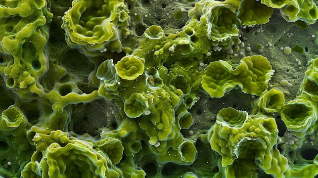 A microscopic image showing a colony of cyanobacteria resembling a vibrant green carpet covering a rock surface.