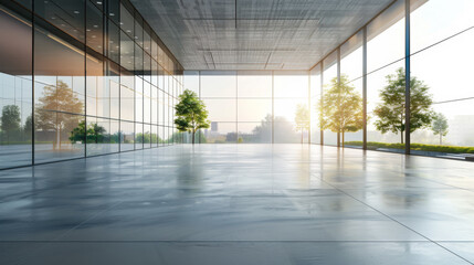 Horizontal view of empty cement floor with steel and glass modern building exterior. Early morning...