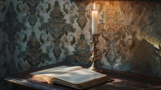 Lighted candle over the candlestick holder and an open book on desk against wallpaper
