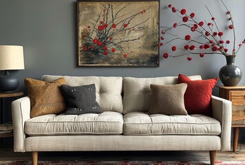 A photo of the sideboard in an elegant living room with gray walls. A beige sofa and red flowers on it. The picture is hanging above the couch. There is also wooden furniture. In front there's a vase 