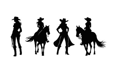 Set of silhouettes cowgirl silhouette wearing cowboy hat, leather clothing and boots, the digital art vector is featuring cowboy life in wild west town.