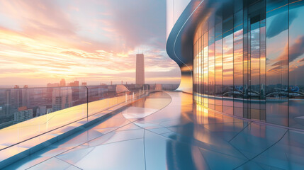 Panoramic view of futuristic curved shapes design metal facade office exterior with stunning sunrise city skyline. - obrazy, fototapety, plakaty