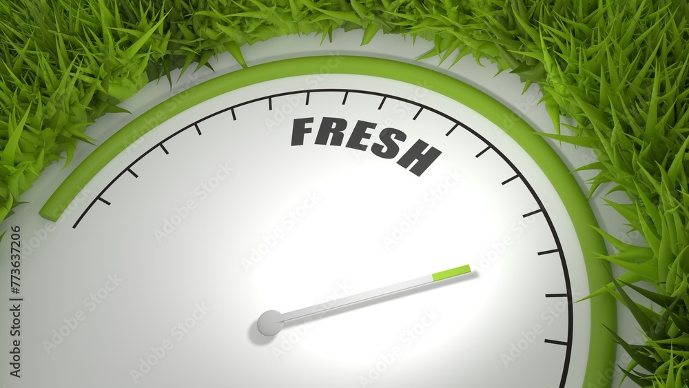 Poster fresh word with measuring device with arrow and scale. green grass. 3d render