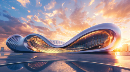 Panoramic view of futuristic curved shapes design metal facade office exterior with stunning sunrise city skyline.