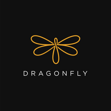 Abstract line art dragonfly logo icon vector template on black background
