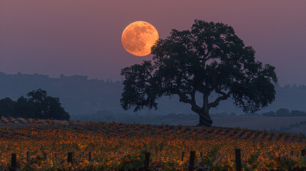A lone oak tree stands tall against the backdrop of a full harvest moon casting shadows across the gvines below. . .