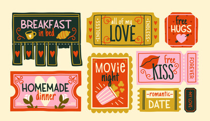 Set of Love Coupons. Collection of romantic love tickets for valentines day. Breakfast in bed, free hugs, date, movie night and homemade dinner. Cartoon flat vector illustration isolated on background