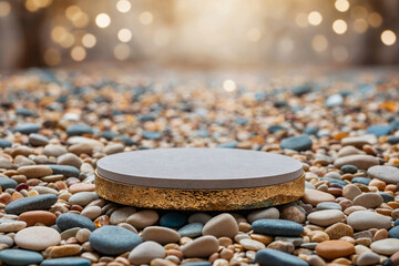 Platform and podium background on colorful stones pebble background for product stand display advertising cosmetic beauty products or skincare with empty round stage