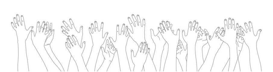 Hand raising line, several hand raising, protest concept, togetherness idea line, People or students with their hands raised
