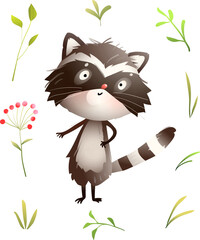 Cute funny raccoon animal character for kids. Playful and quirky raccoon design for kids story or project. Vector animal, lovely character illustrated in watercolor style for children. - 773638649