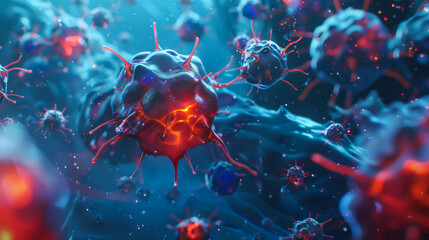 Leukocytes attack the virus. Immunity of the body. - obrazy, fototapety, plakaty