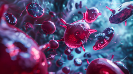 Leukocytes attack the virus. Immunity of the body. - obrazy, fototapety, plakaty