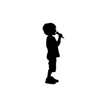 Kid singing karaoke, funny singing, child with microphone singing black silhouette