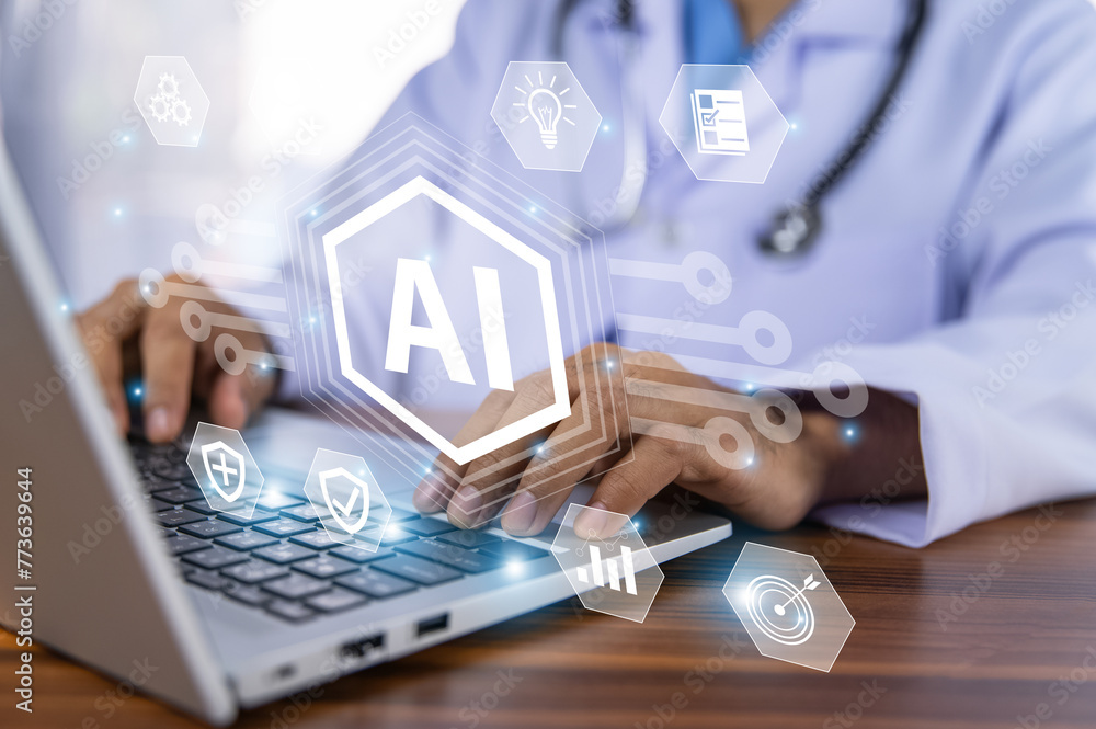 Poster doctor use ai artificial intelligence technology for data management streamlines administrative task