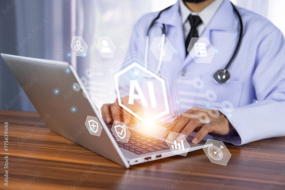 Poster doctor use ai artificial intelligence technology for data management streamlines administrative task