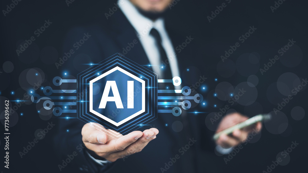 Poster businessmen use ai technology systems that help make various tasks easier and help analyze work conv