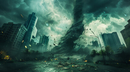 Tornado or hurricane's destruction along its path toward fictitious city with flying debris and collapsing structures. Concept of natural disasters, judgment day, apocalypse - obrazy, fototapety, plakaty