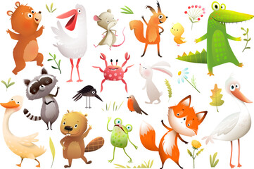Cute animal characters collection for kids illustration book. Playful squirrel, bear, rabbit, fox crocodile birds, raccoon and many more. Vector animals characters collection for children story. - 773640095