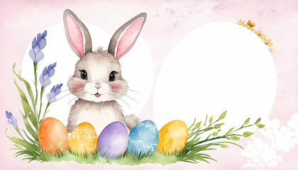 Cute easter bunny with eggs and flowers with copy space