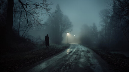 A lone figure walking down a dimly lit road surrounded by stillness and the faint glow of moonbeams. . . - obrazy, fototapety, plakaty