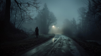 A lone figure walking down a dimly lit road surrounded by stillness and the faint glow of moonbeams. . .