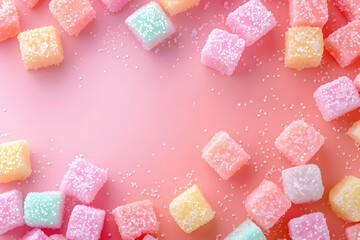 Multicolor pastel candy cubes flat lay arrangement