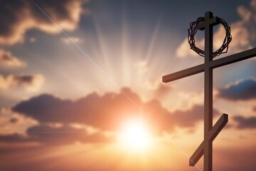 Christian wooden cross in sky background