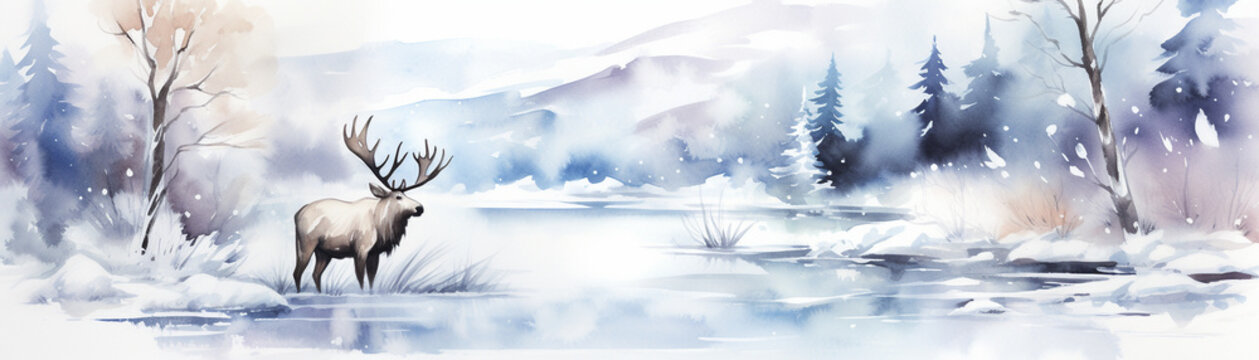 Watercolor painting of large deer is standing in the snow near a body of water. The scene is serene and peaceful.