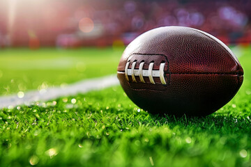American leather football on a green grass field, close-up ground level view of a ball used in athletic competition