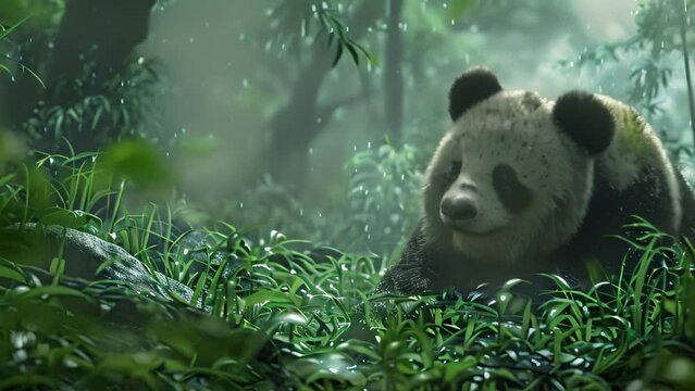 panda wet from rain in the forest. 4k video