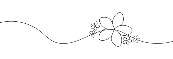 One continuous line drawing of Plumeria flower. Frangipani blossom with petals for floral tattoo in simple linear style. Plant pattern for wedding in Editable stroke. vector illustration. EPS 10