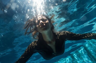 Female scuba diver taking a photo in the blue sea. Marine life and Underwater world concepts. Generative AI.