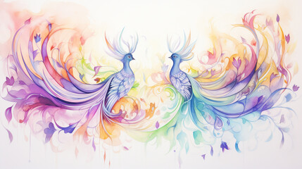 Fototapeta premium Watercolor painting of birds are flying in the sky. The birds are surrounded by flowers and leaves, creating a peaceful and serene atmosphere