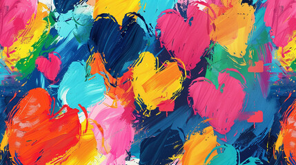 Watercolor painting of many hearts with different colors and sizes. The painting is full of life and energy, and it conveys a sense of love and happiness. The brushstrokes are bold and expressive