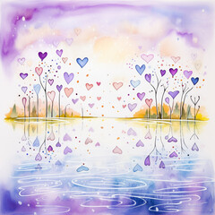 Watercolor painting of many hearts in various colors. Concept of love, romantic and valentine day background.