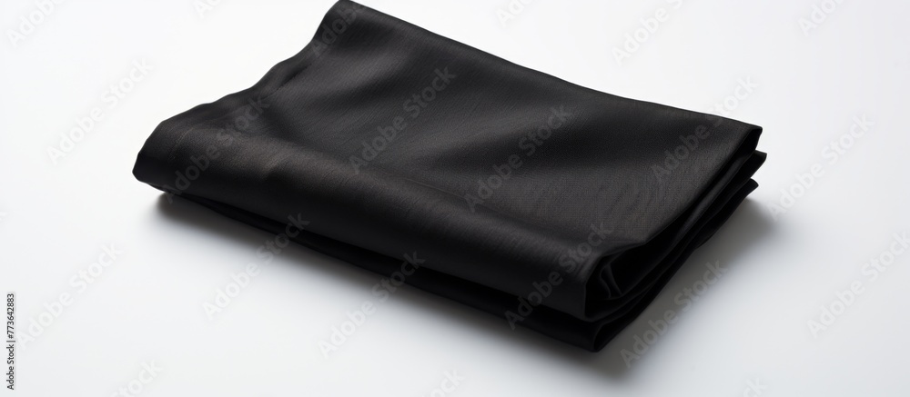 Poster a close-up view of a neatly folded black cloth placed on a smooth white surface, creating a contrast