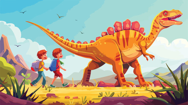 Children at dinosaur park illustration flat cartoon