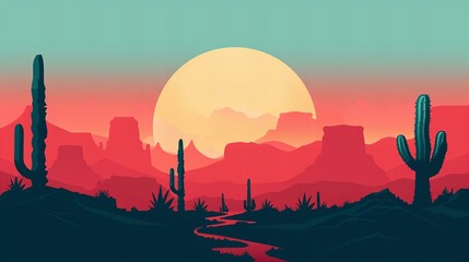 Minimalistic 2D flat vector design of a desert landscape with a limited color palette - obrazy, fototapety, plakaty