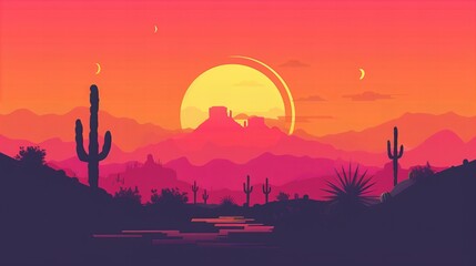 Minimalistic 2D flat vector design of a desert landscape with a limited color palette