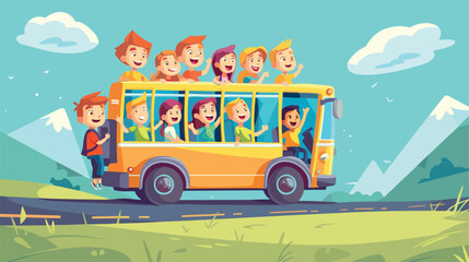 Children in a bus scene illustration flat cartoon v