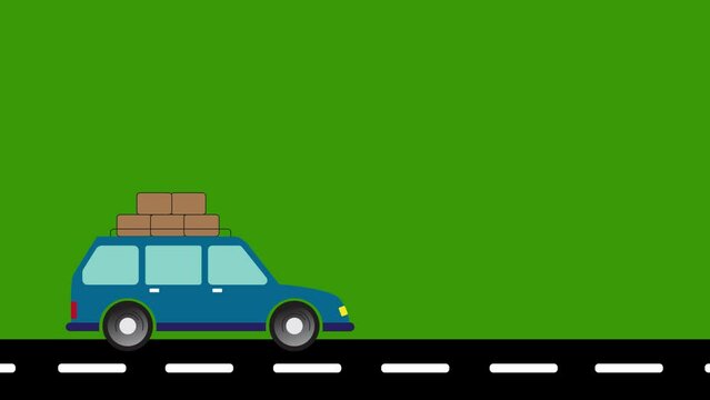 Car running on the road, carrying cargo on top. The car is blue with a green screen background.