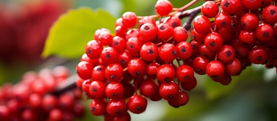 Numerous red berries are hanging from the branches of a tree, surrounded by lush green leaves in a natural setting