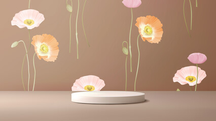 Product display background, minimalist white circle podium with poppy flowers on wallpaper, brown tone
