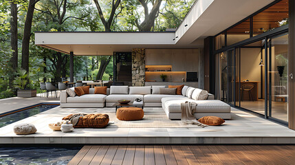 Inviting Deck Terrace by a Large Oak Tree with Beige WPC Boards, White Wool Sofa, and Sunny Skies